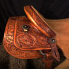 Modified Association Tree - 94 degree bars - #1 choice for fitting powerfull well muscled shoulder horses very well including half drafts - 16 inch seat - cantle is 4 inches high by 12 1/2 inches wide and has a 1 3/4 inch Cheyenne roll - horn is 4 inch high metal dally horn with a heavy mule hide ropping bonnet - Double D rigging set at 7/8ths - previously loved with a couple of generations to love back - half tooled with a classic Sheridan Floral design all hand worked by Keith Valley.